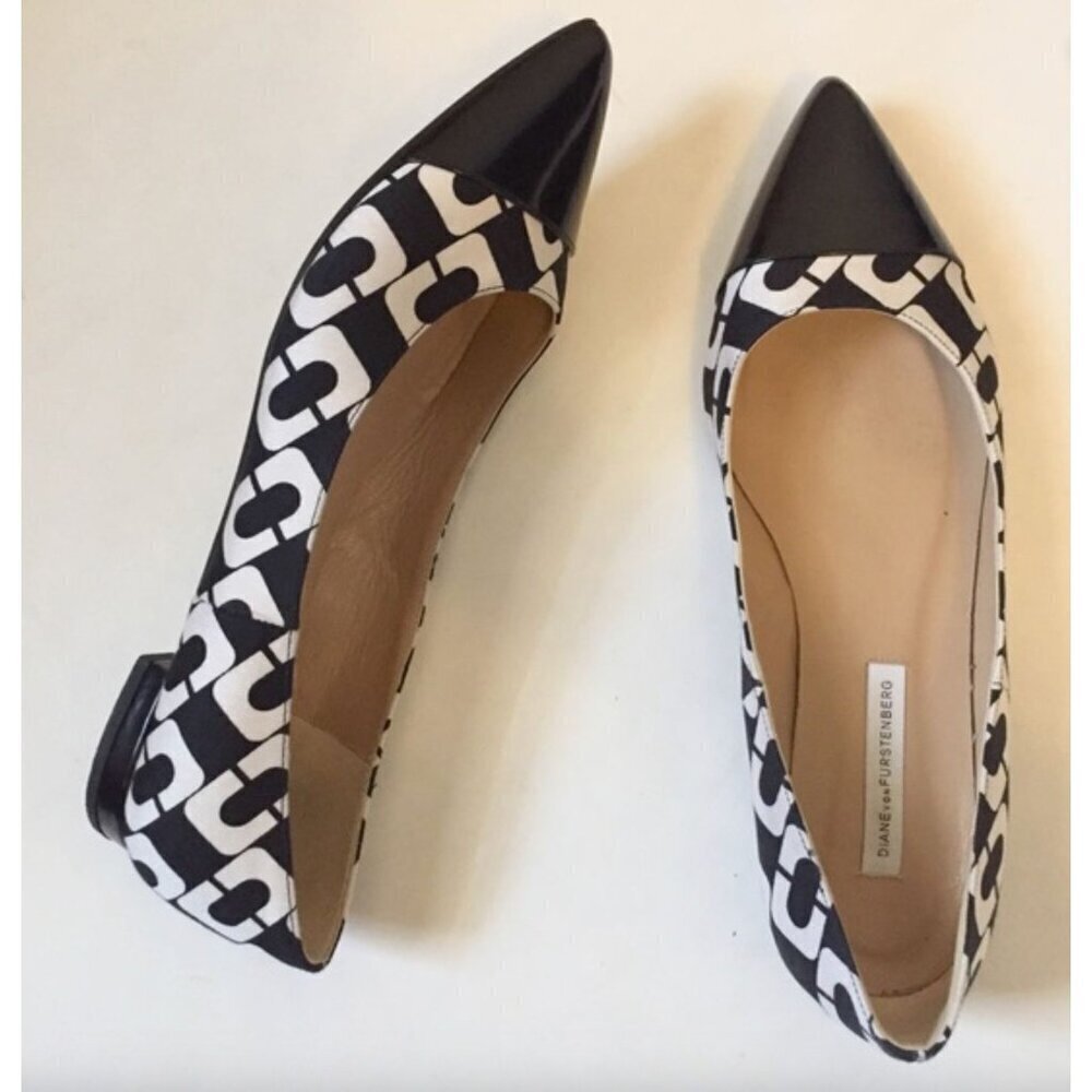 Diane Von Furstenberg Lela Leather Ballet Flats Black & White Womens Size 6B